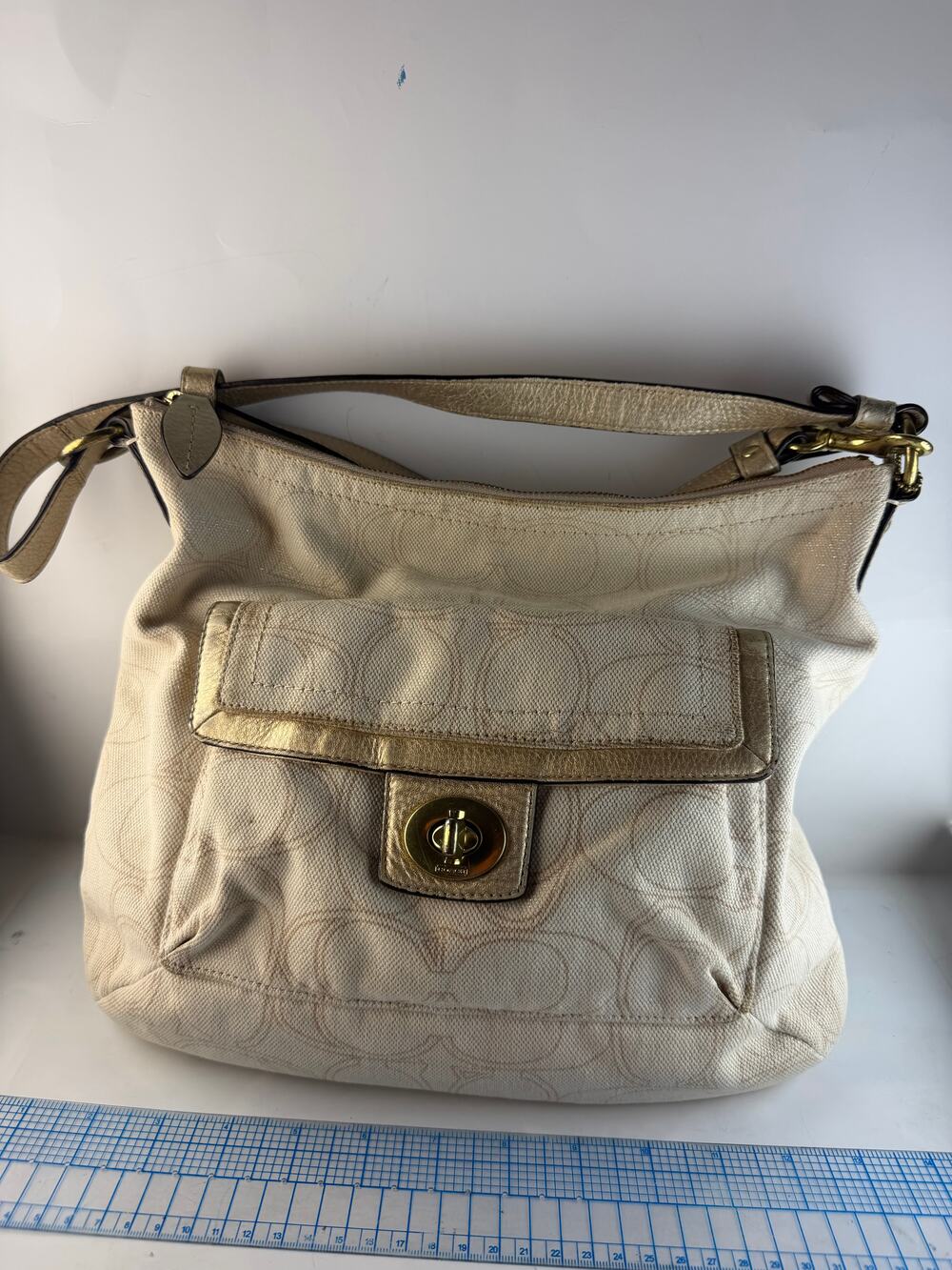 Authentic Coach Signature Penelope Hobo Bag (Style F19189) – Cream & Gold